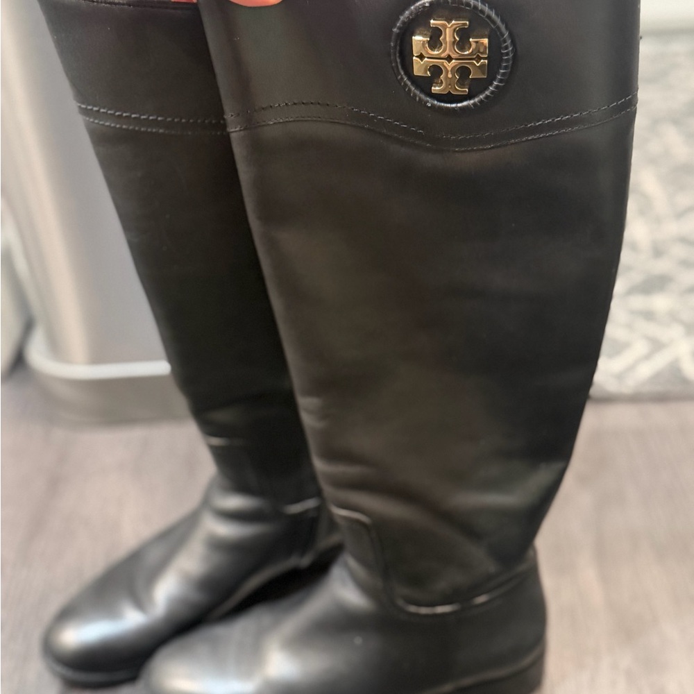 Tory Burch Black Leather Tall Logo Boots